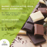 image avec du chocolat et qui présente les dates de l'atelier pratique pour faire un encas gourmand